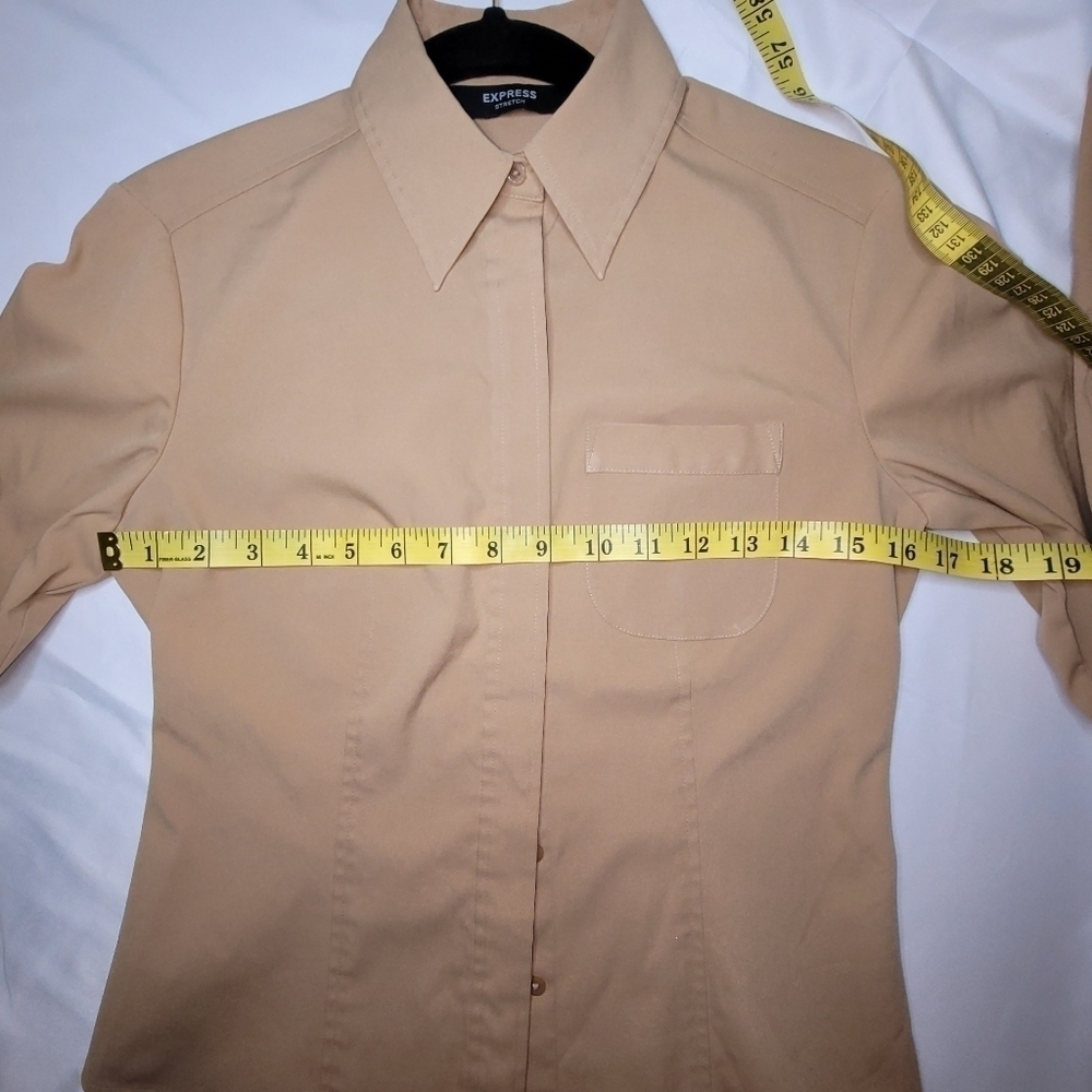 Express Stretch Button Down Dress Shirt Tan Women's Size 1/2 - Picture 10 of 12